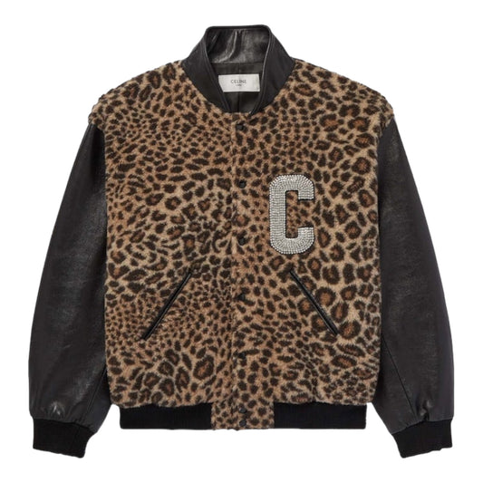 Celine Crystal-Embellished Leopard Print Bomber Jaket